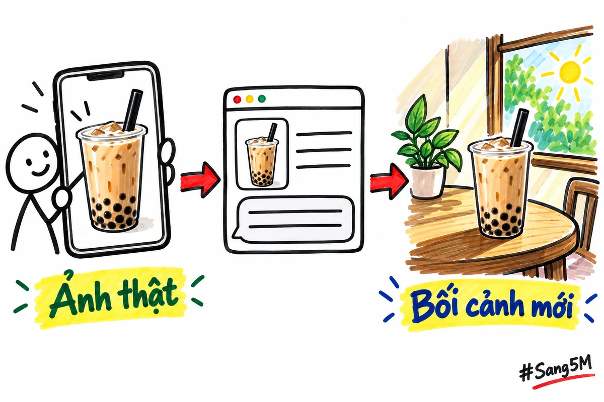 Quán trà sữa tải ảnh ly chụp thật vào khung trò chuyện có vẽ ảnh, nhận lại ly trên bàn cạnh cửa sổ.