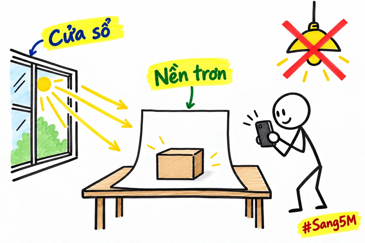 Chụp ảnh gốc bằng điện thoại cạnh cửa sổ ban ngày, món hàng đặt trên nền trơn, đèn vàng tắt.