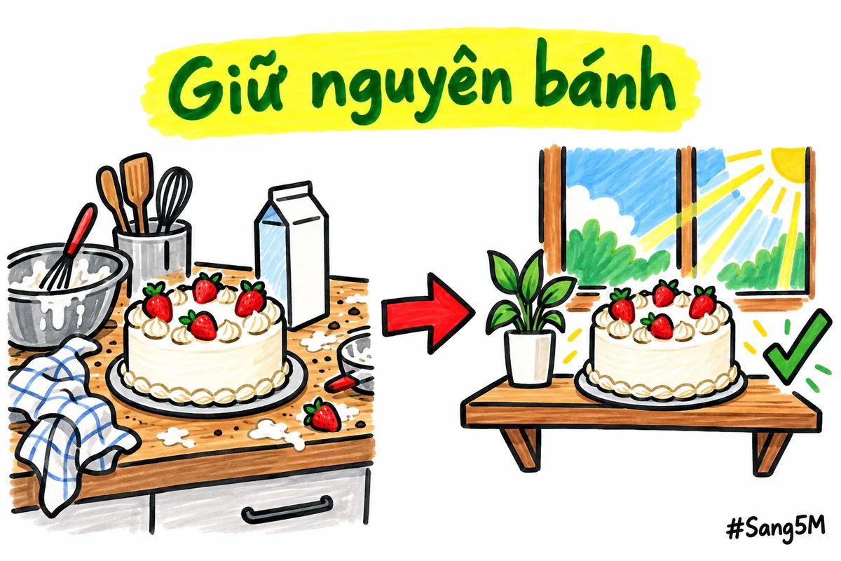 Tiệm bánh đổi nền ảnh bánh kem từ bàn bếp bừa bộn sang kệ gỗ cạnh cửa sổ, chiếc bánh giữ nguyên.