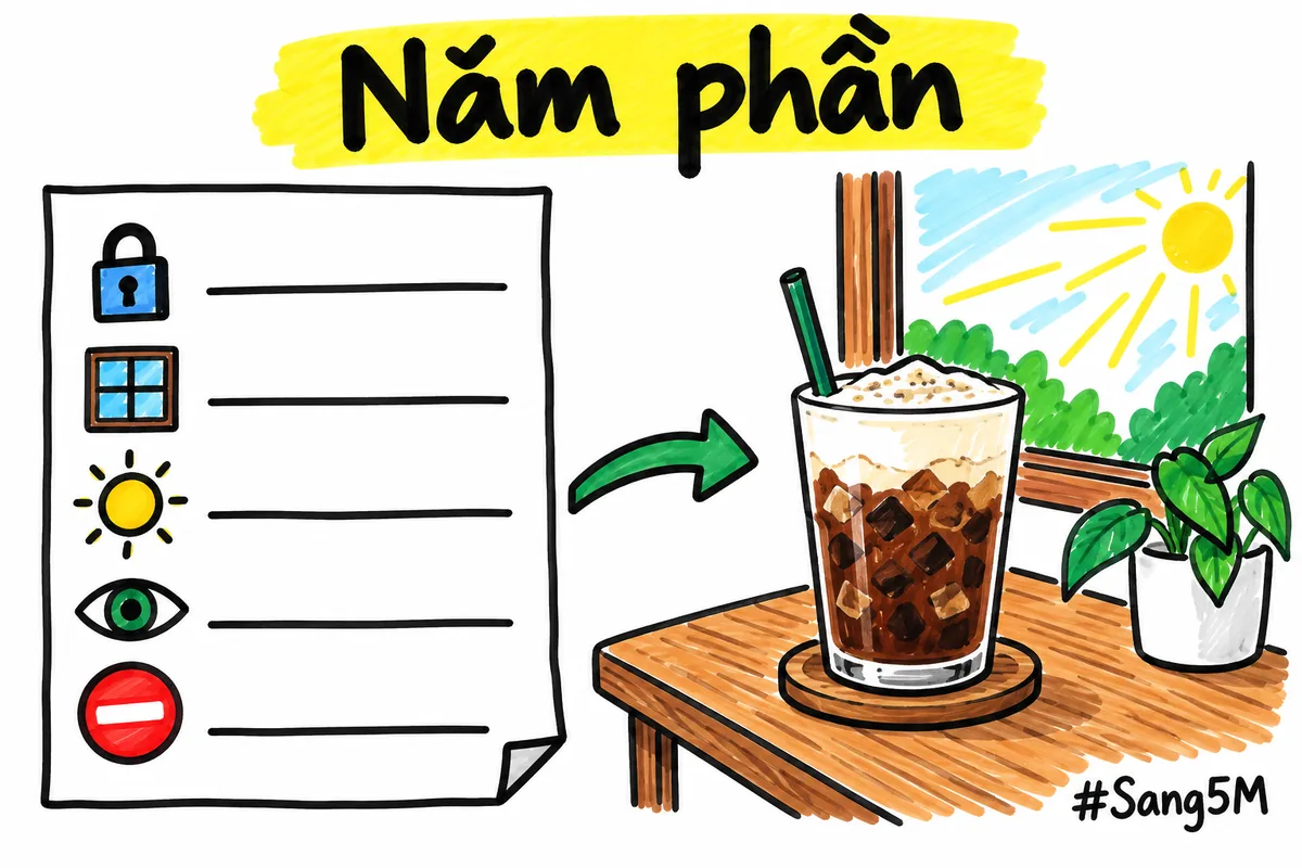 Câu lệnh năm phần cho ly cà phê muối: giữ nguyên, bàn gỗ cạnh cửa sổ, nắng sớm, ngang tầm mắt, cấm thêm.