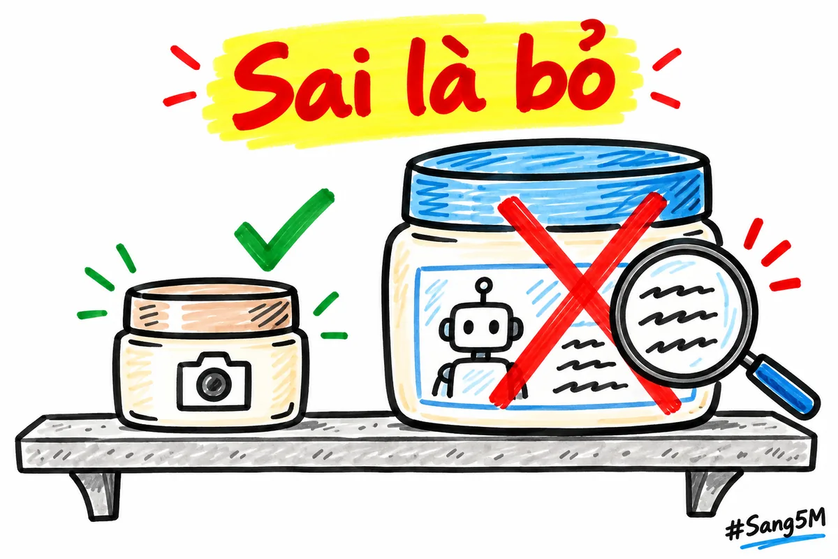 Hai hũ kem dưỡng của cửa hàng mỹ phẩm: hũ chụp thật nhỏ, hũ trong ảnh AI to hơn và nhãn bị đổi.