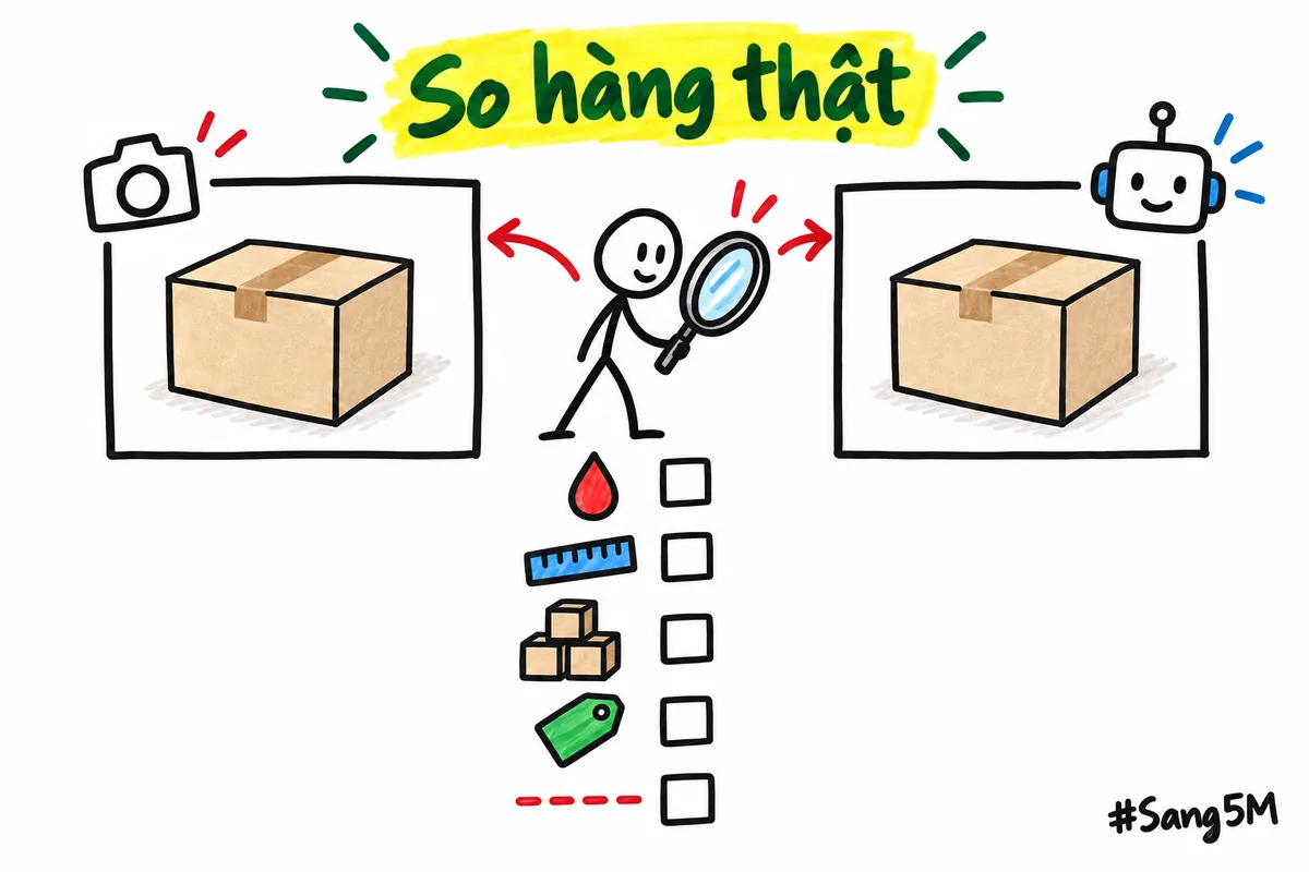 Đặt ảnh AI cạnh ảnh gốc, cầm kính lúp soát lần lượt màu, kích thước, số lượng, chữ trên nhãn, chi tiết nhỏ.