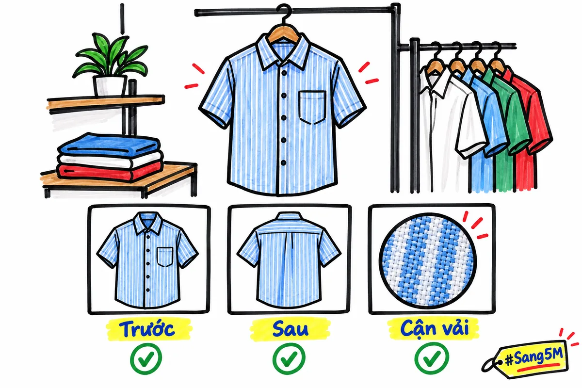 Áo sơ mi kẻ sọc treo móc cạnh kệ và giá treo áo, chụp ba khung: mặt trước, mặt sau và cận chất vải.