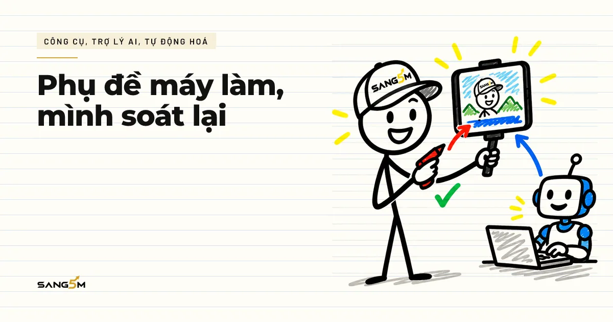 Người đội nón SANG5M quay video bằng điện thoại, phụ đề chạy dưới khung hình, robot nhỏ gõ chữ, người cầm bút đỏ soát lại