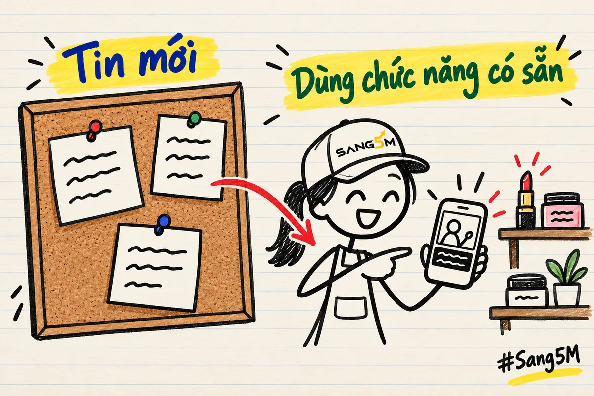 Bảng tin ghim ba mẩu giấy viết nguệch ngoạc, chủ cửa hàng mỹ phẩm đội nón SANG5M cầm điện thoại cạnh kệ có thỏi son.