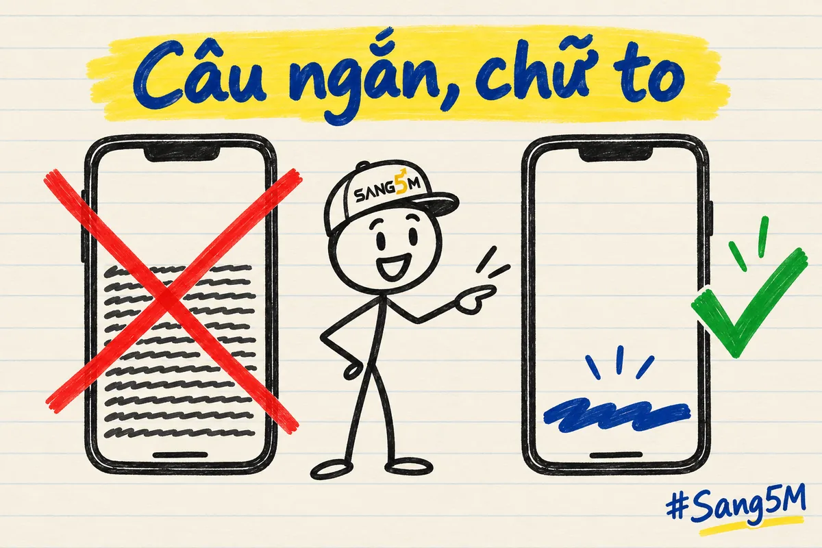Hai điện thoại: bên trái chữ nhỏ dày đặc bị gạch đỏ, bên phải một dòng chữ to có tích xanh, người que đội nón SANG5M chỉ tay.