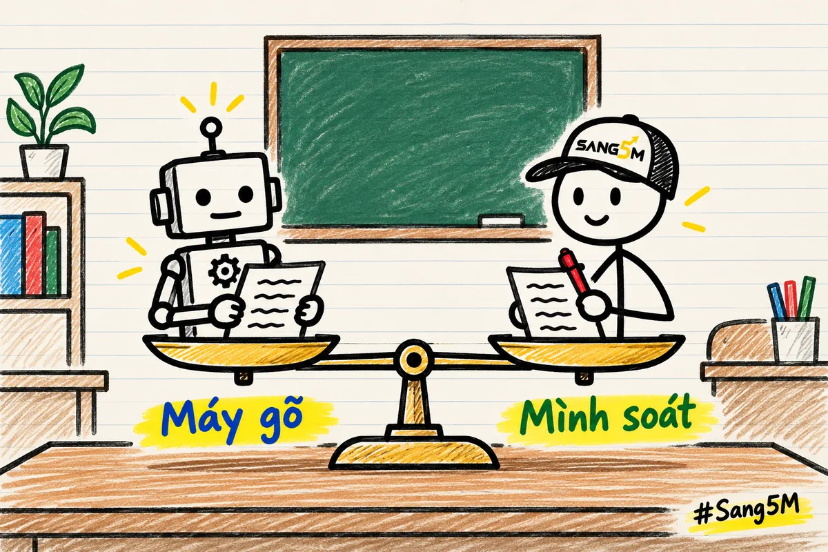Cân hai đĩa trên bàn lớp học, đĩa trái có robot và tờ chữ, đĩa phải có người đội nón SANG5M cầm bút đỏ.