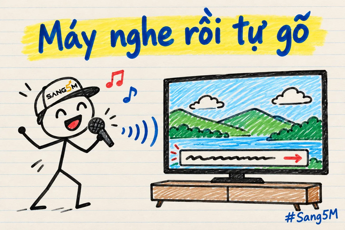 Màn hình hát karaoke vẽ tay có dòng chữ chạy bên dưới, người que đội nón SANG5M cầm micro đứng hát bên cạnh.