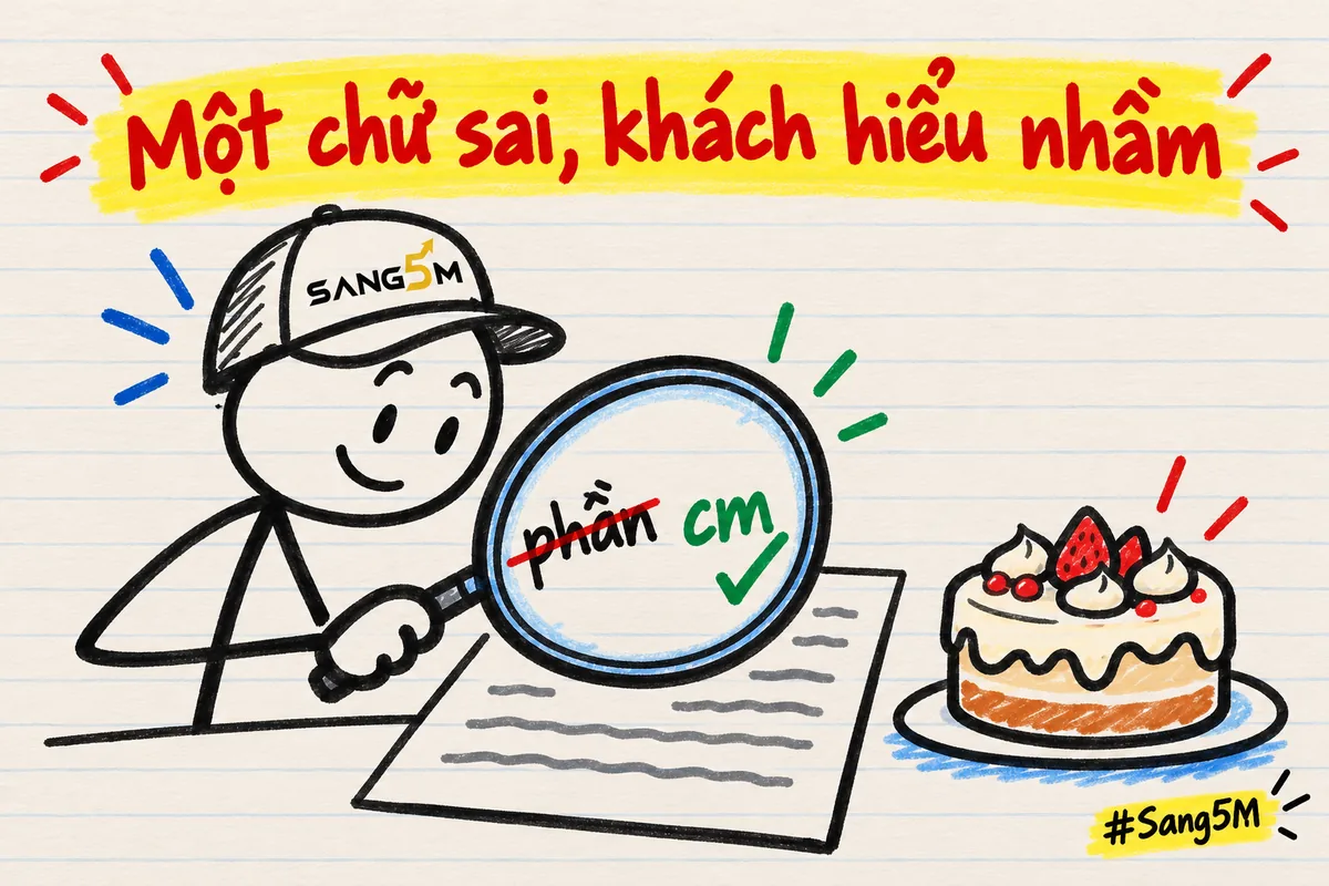 Người que đội nón SANG5M cầm kính lúp soi chữ phần bị gạch đỏ và chữ cm có dấu tích xanh, bên cạnh là chiếc bánh kem.