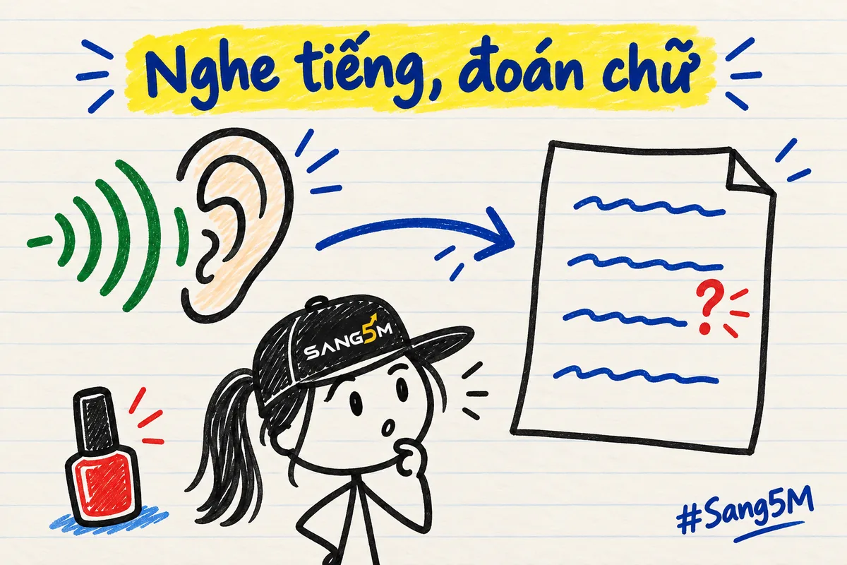 Cái tai to nghe tiếng nói, mũi tên chỉ sang tờ giấy có dấu hỏi đỏ, người que đội nón SANG5M đứng nghĩ, lọ sơn móng ở góc.