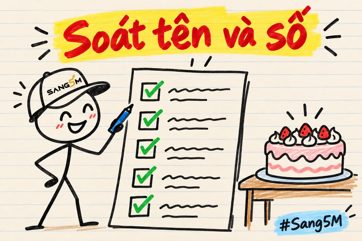 Người que đội nón SANG5M cầm bút cạnh danh sách năm ô có dấu tích xanh, bên phải là chiếc bánh kem, tiêu đề chữ đỏ.