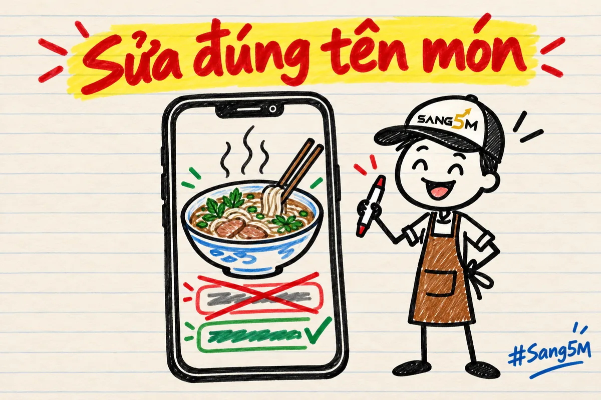 Điện thoại hiện bát phở bốc khói, dưới có thanh chữ gạch đỏ và thanh chữ xanh có dấu tích, chủ quán đội nón cầm bút.