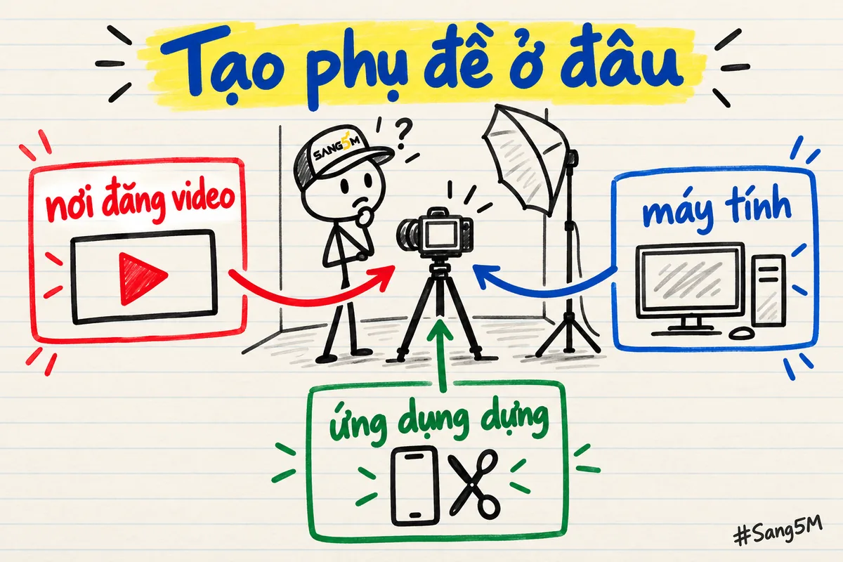 Ba hộp chữ viết tay: nơi đăng video, ứng dụng dựng, máy tính, quanh máy ảnh trên chân đỡ; người que đội nón SANG5M đứng nghĩ.