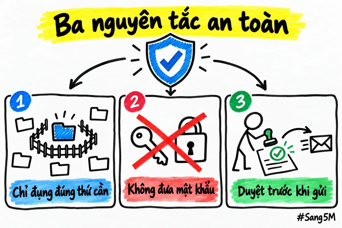 Chiếc khiên ở giữa với ba thẻ nguyên tắc an toàn khi nhờ trợ lý AI làm việc thật.