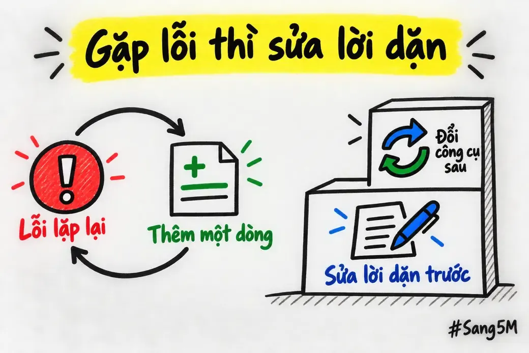 Vòng sửa lỗi bên trái, bậc thang bên phải: sửa lời dặn trước, đổi công cụ sau.