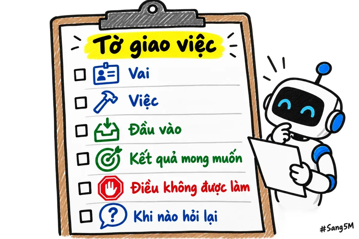 Tờ giao việc sáu dòng trên bảng kẹp giấy, một trợ lý robot đứng đọc bên cạnh.
