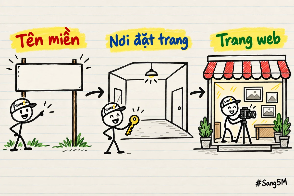 Biển tên, mặt bằng trống và cửa hàng có người chụp ảnh bằng máy trên chân, nối bằng mũi tên, nhãn tên miền, nơi đặt trang.