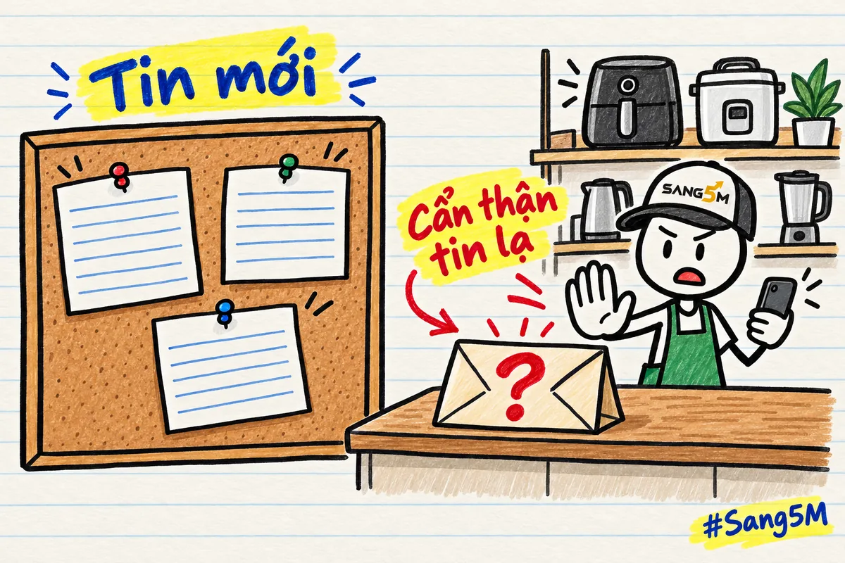 Bảng tin ghim ba mẩu giấy, cạnh nồi chiên là phong bì lạ có dấu hỏi đỏ, người đội nón SANG5M dừng tay không bấm.