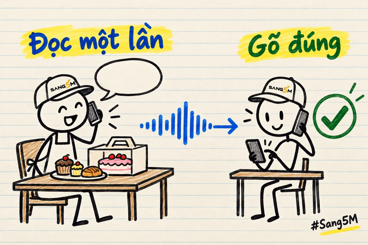 Chủ tiệm bánh đội nón SANG5M đọc tên qua điện thoại, người nghe bên kia gõ đúng, hộp bánh đặt trên bàn.