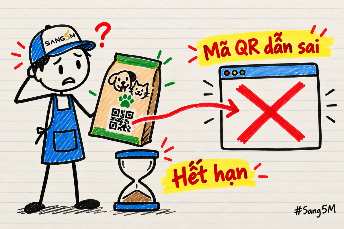 Bao thức ăn thú cưng in mã QR, mũi tên dẫn tới trang lạ bị gạch chéo đỏ, nhãn hết hạn, mã QR dẫn sai.