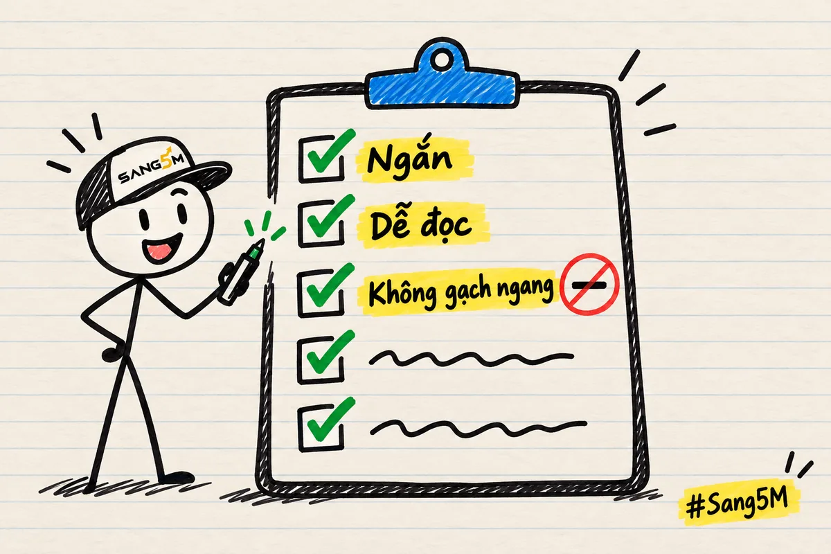 Danh sách năm điều kiện đánh dấu tích xanh, ba dòng đầu có nhãn ngắn, dễ đọc, không gạch ngang, người đội nón SANG5M cầm bút.