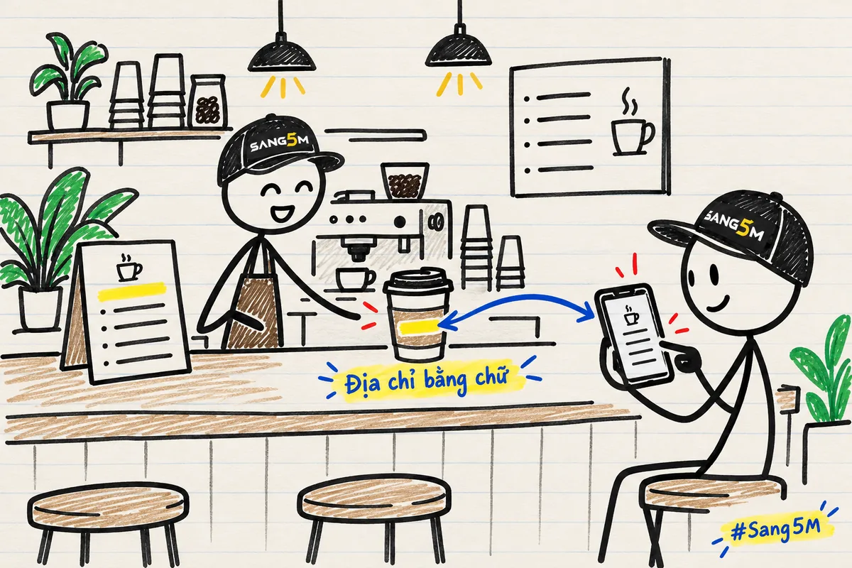 Quầy cà phê có ly mang đi và thực đơn in tên miền, khách đội nón SANG5M cầm điện thoại gõ địa chỉ bằng chữ.