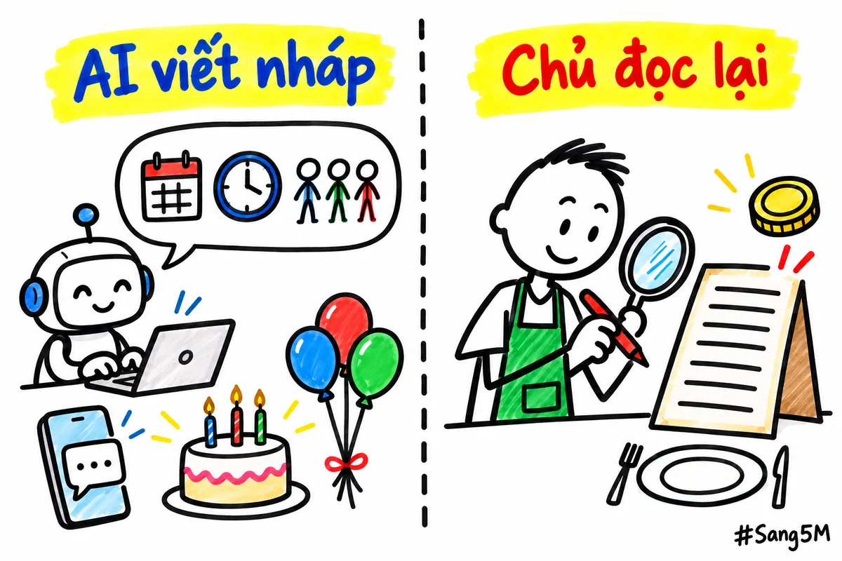 Nhà hàng nhận đặt tiệc sinh nhật: AI viết nháp tin xác nhận ngày, giờ, số khách, chủ tự đọc lại thực đơn và giá.