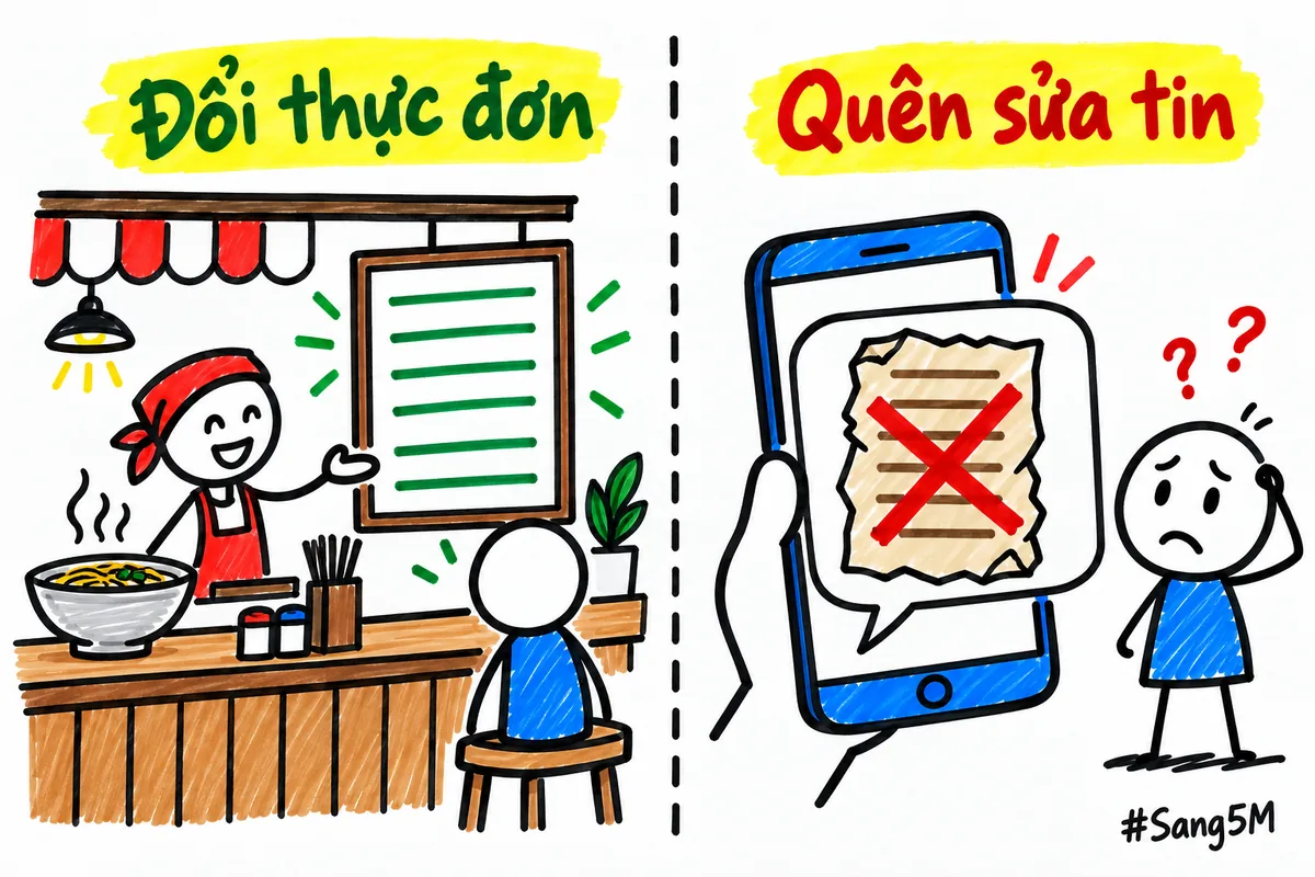 Quán ăn đã đổi thực đơn nhưng tin trả lời tự động vẫn gửi bảng giá cũ, dấu X đỏ chỉ chỗ sai.