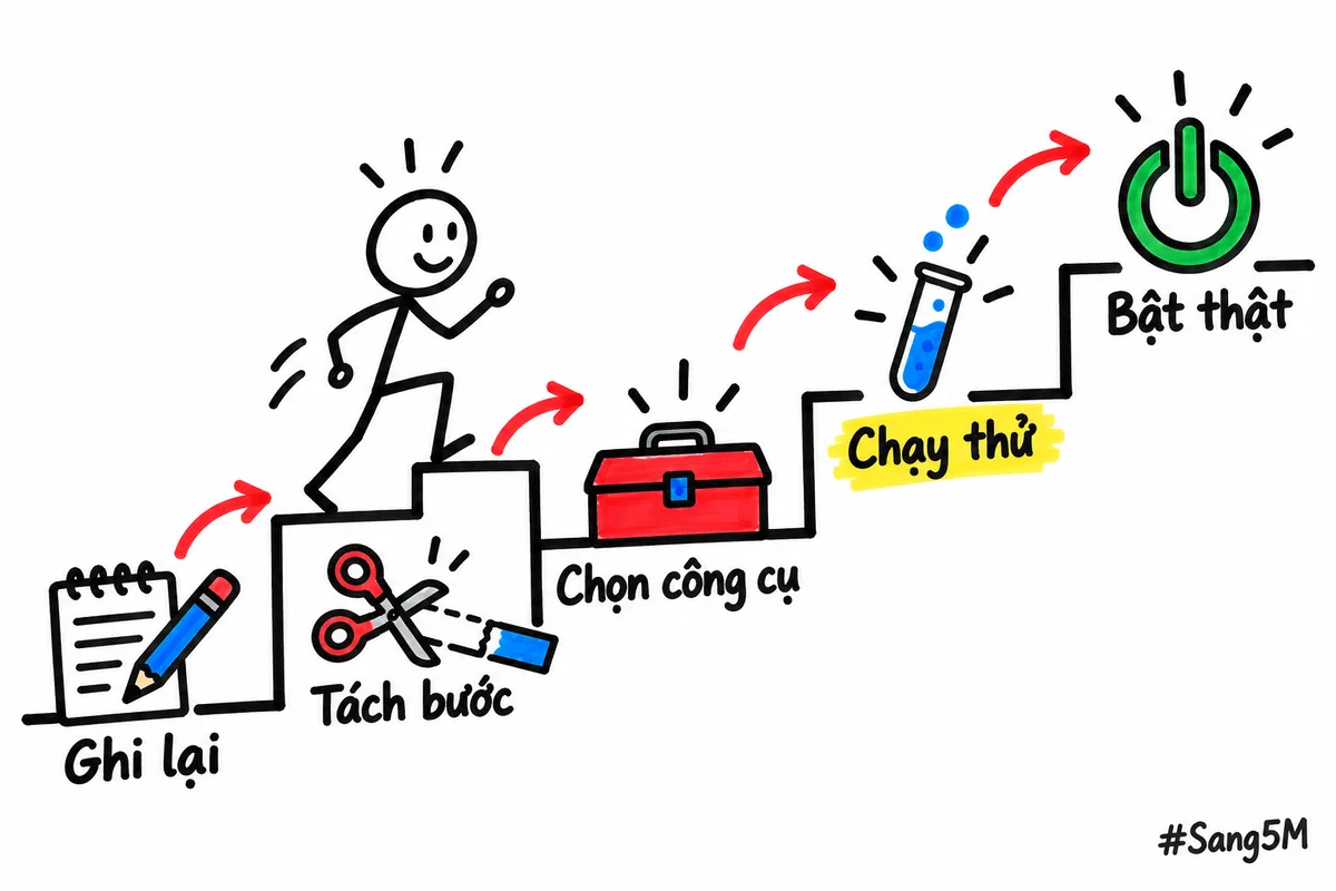 Người que leo năm bậc thang có mũi tên đỏ: ghi lại, tách bước, chọn công cụ, chạy thử, bật thật.