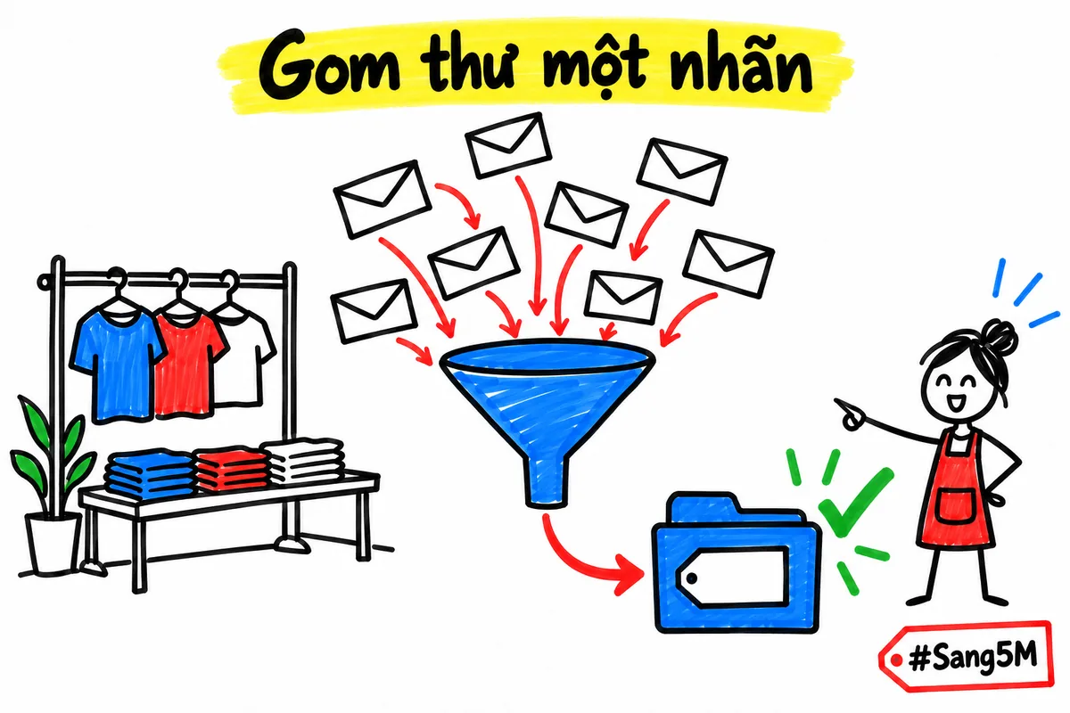 Chủ cửa hàng thời trang đặt bộ lọc Gmail để gom thư báo đơn mới vào một nhãn riêng cho hộp thư gọn.