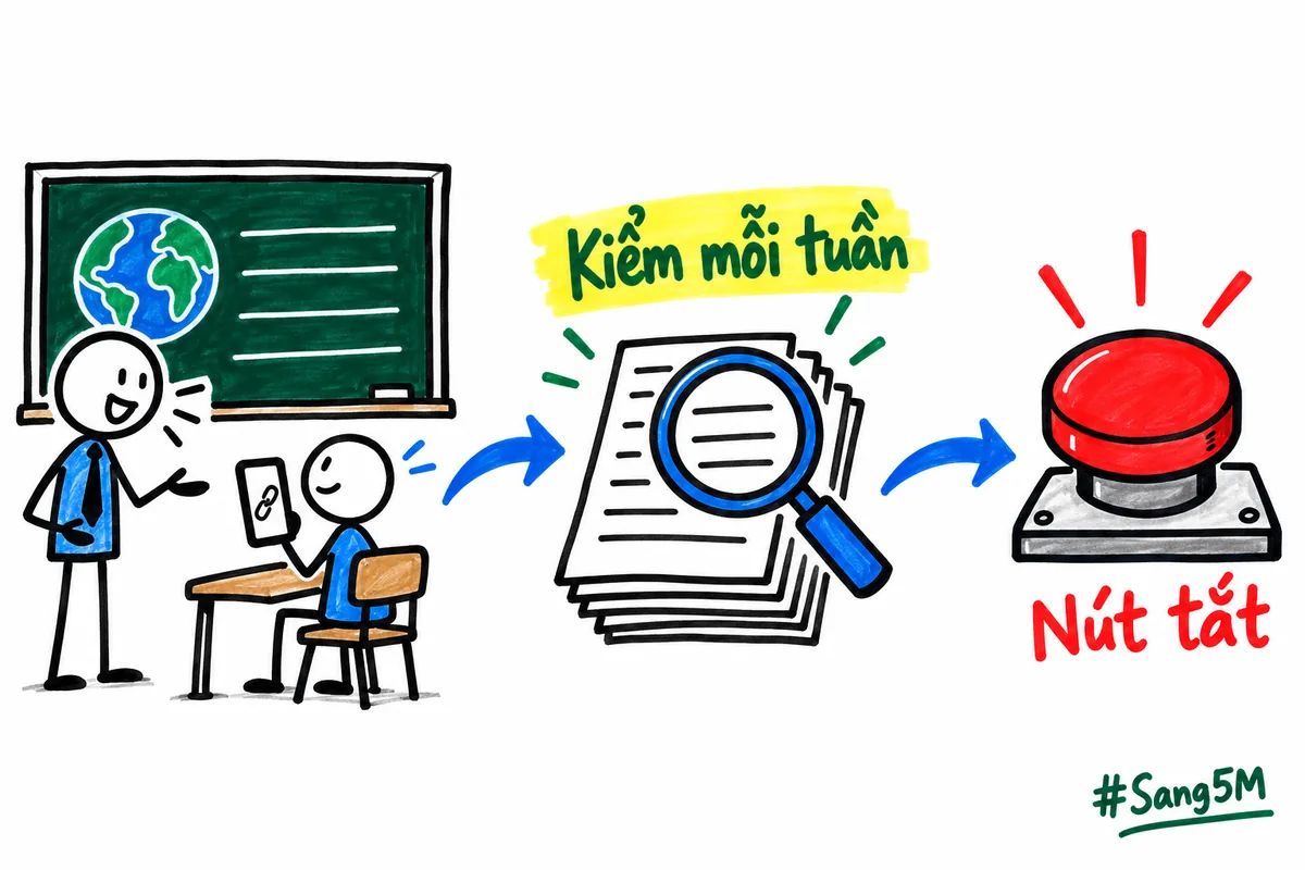 Lớp học: giáo viên hỏi học viên vừa nhận đường dẫn buổi học trên điện thoại, kính lúp kiểm mỗi tuần, nút tắt đỏ.