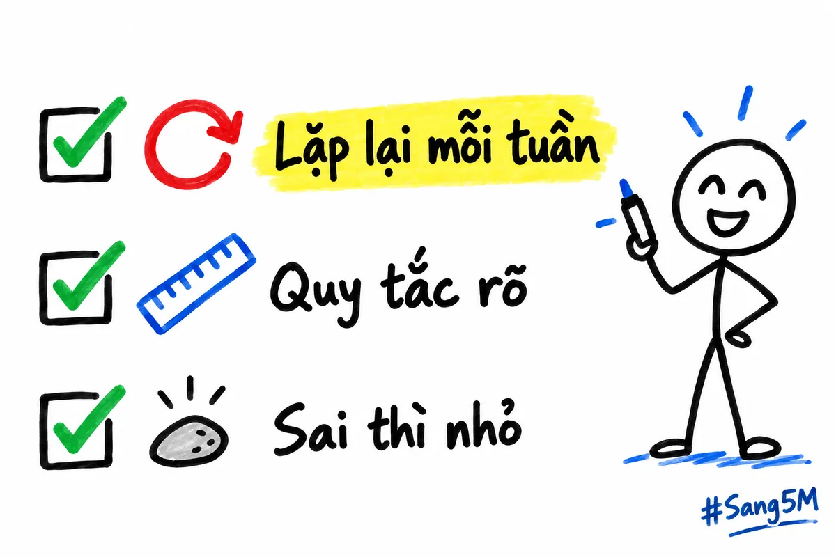 Ba câu hỏi chọn việc nên tự động hoá trước: có lặp lại mỗi tuần, có quy tắc rõ, sai thì hậu quả nhỏ.