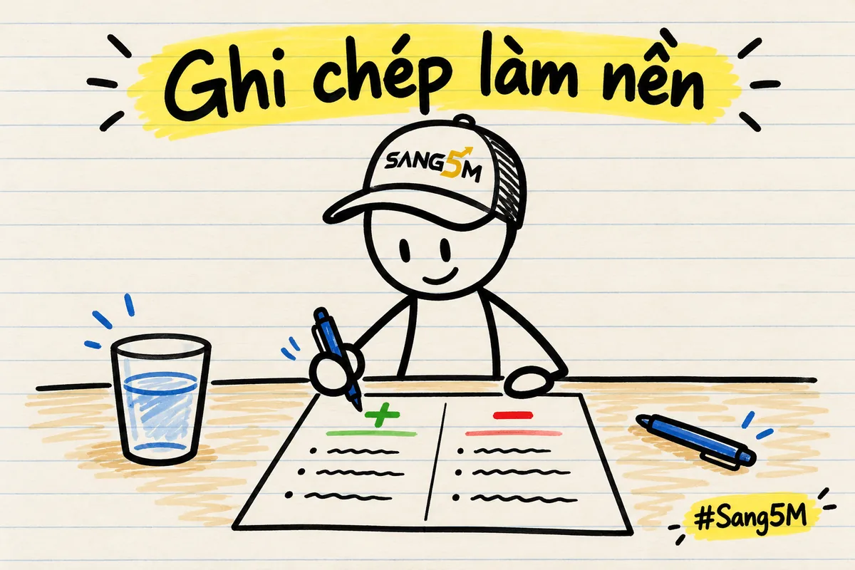 Tờ giấy thu chi chia hai cột cộng trừ đặt trên bàn, cây bút và ly nước bên cạnh, người que đội nón SANG5M đang ghi.