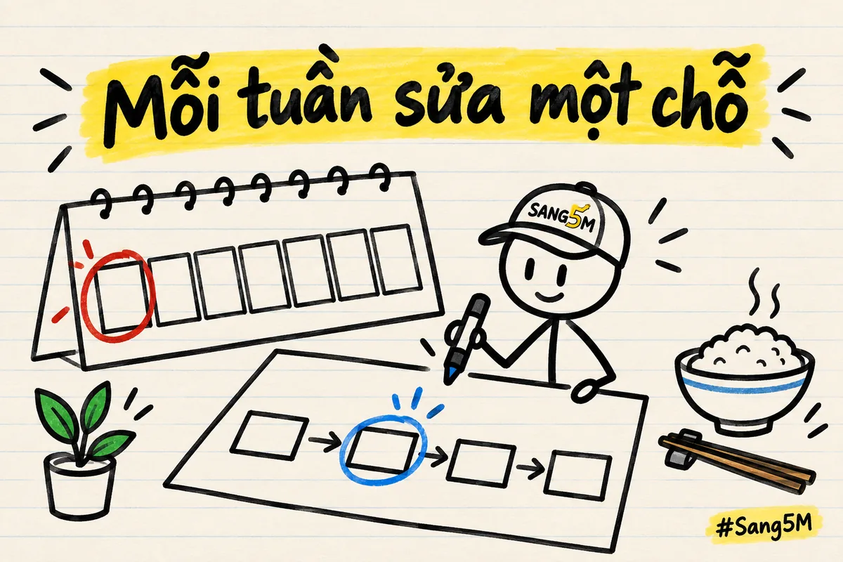 Tờ lịch tuần vẽ tay, ô ngày đầu tiên được khoanh đỏ, tờ chuỗi việc, bát cơm, người que đội nón SANG5M cầm bút.