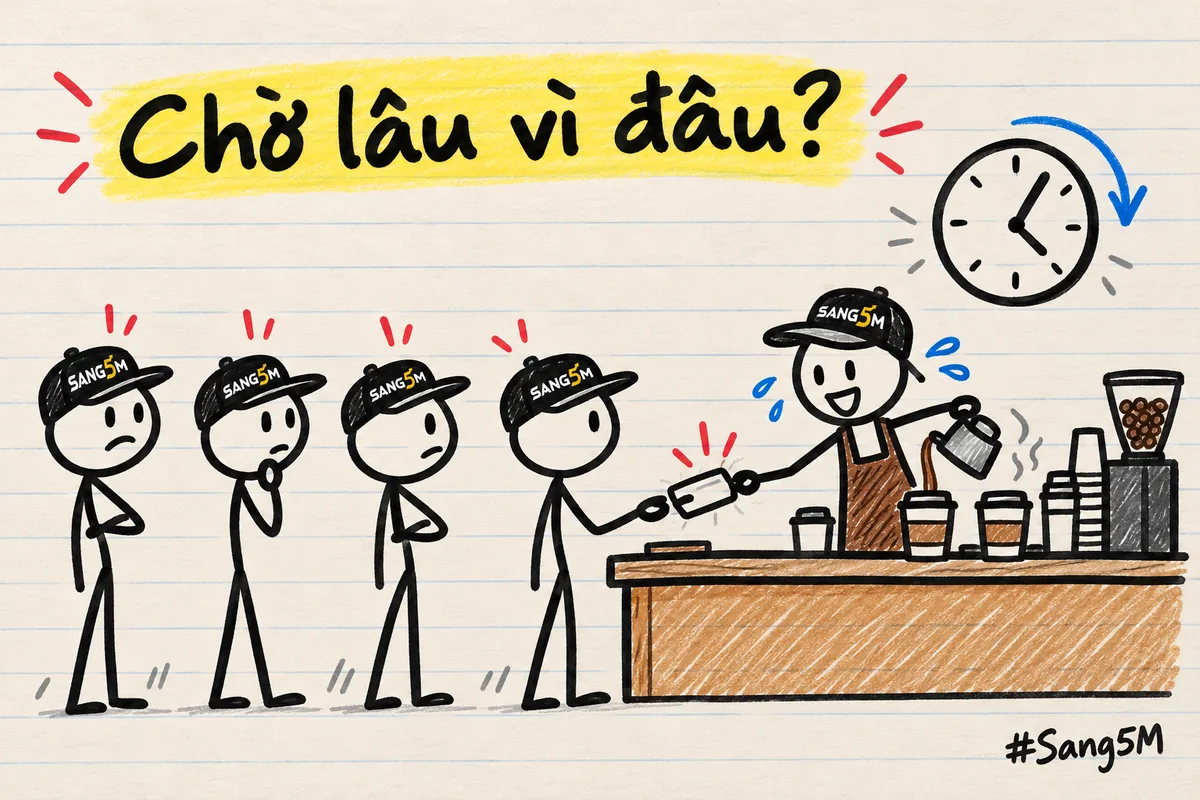 Quầy cà phê nhỏ có một người que đội nón SANG5M vừa pha vừa thu tiền, hàng khách đứng chờ, chiếc đồng hồ treo phía trên.