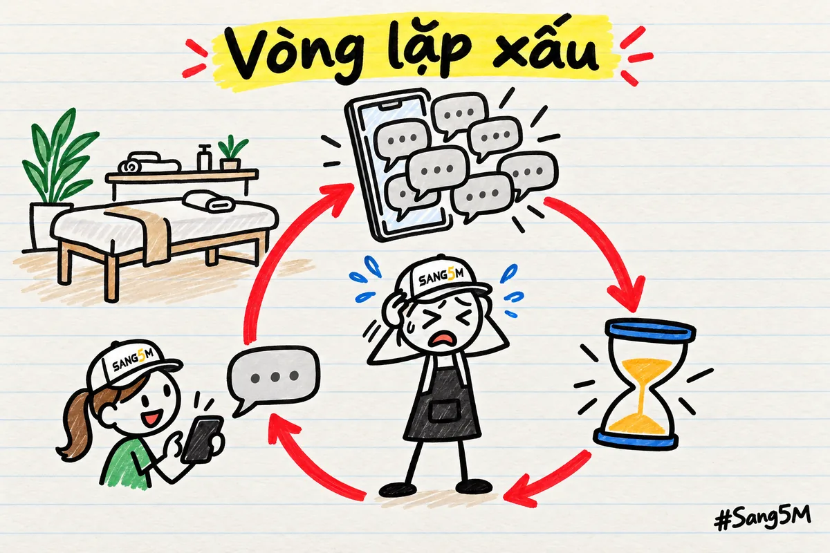 Vòng tròn mũi tên đỏ: điện thoại nhiều tin, đồng hồ cát, khách nhắn lại, phía sau là giường spa, người đội nón SANG5M ôm đầu.