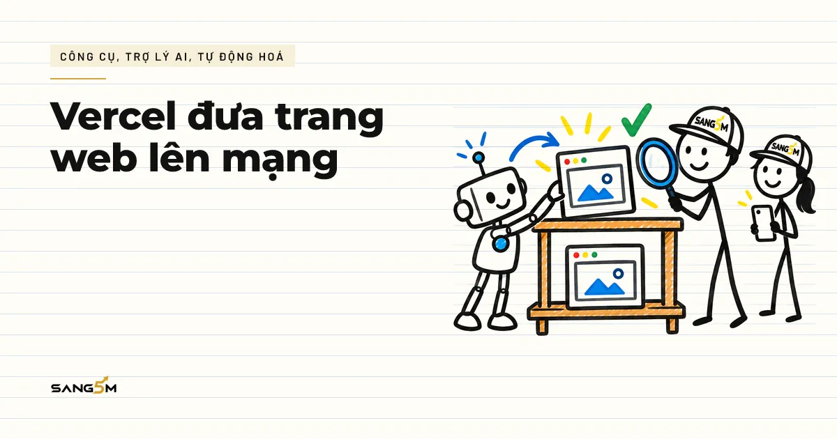 Người đội nón SANG5M cầm kính lúp kiểm trang web trên kệ, robot nhỏ đặt bản trang mới lên kệ, khách cầm điện thoại đứng chờ