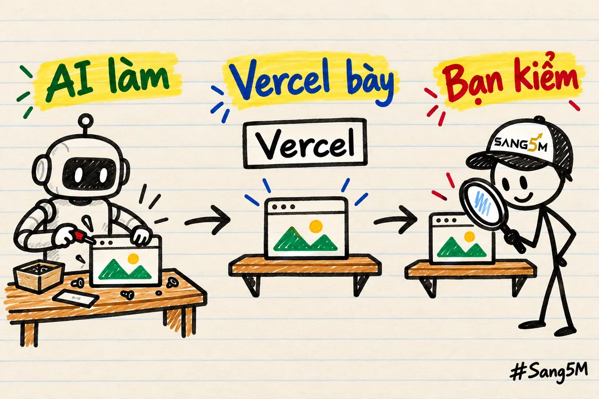 Chuỗi ba bước vẽ tay: robot làm ra trang, hộp chữ Vercel bày trang lên kệ, người đội nón SANG5M cầm kính lúp kiểm.