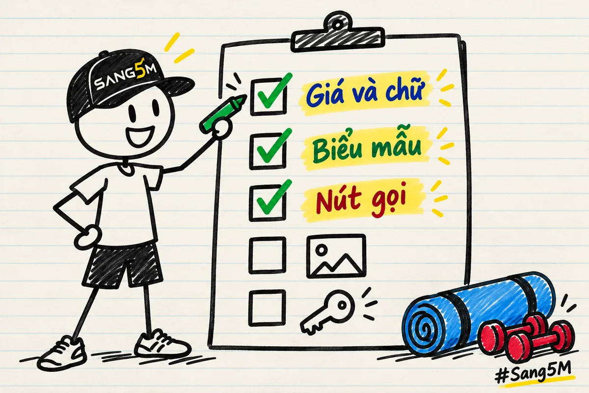 Bảng kiểm năm dòng có ô vuông, ba dòng giá và chữ, biểu mẫu, nút gọi được đánh dấu, thảm tập ở góc phòng tập.