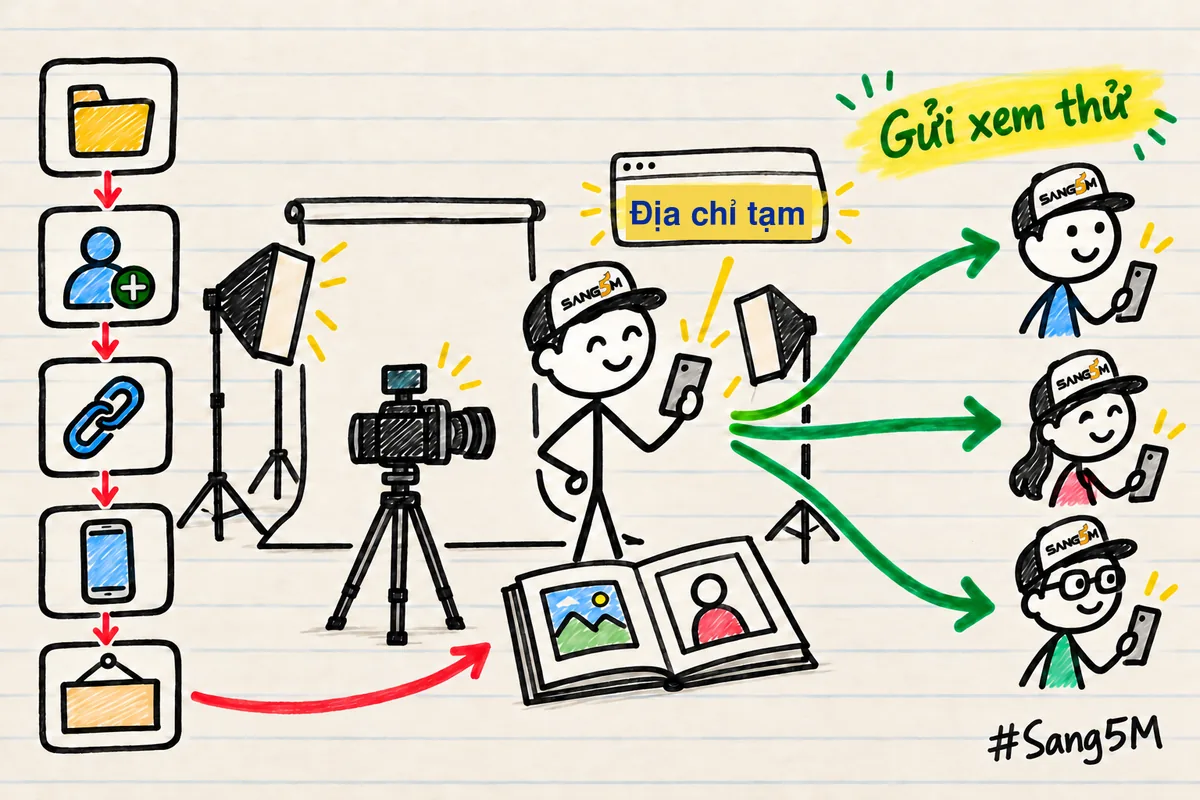 Năm bước vẽ tay, máy ảnh và bộ ảnh mẫu của studio, mũi tên tới ba điện thoại khách, nhãn địa chỉ tạm, gửi xem thử.