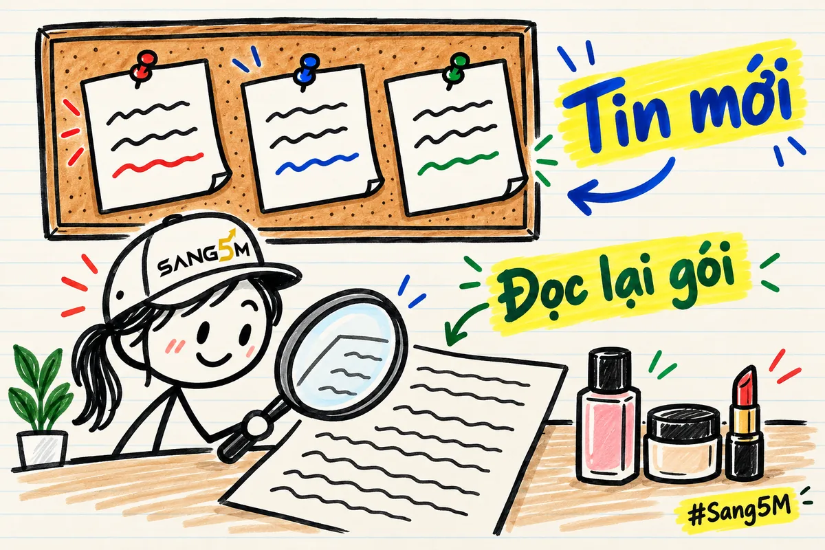 Bảng tin ba mẩu giấy ghim, tờ điều khoản đặt dưới kính lúp, lọ mỹ phẩm bên cạnh, nhãn tin mới và đọc lại gói.