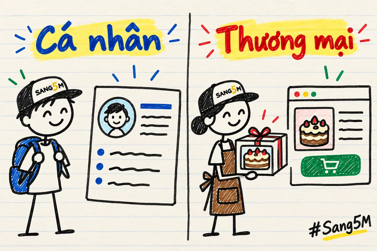 Hai cột vẽ tay: cột cá nhân có trang giới thiệu bản thân, cột thương mại có hộp bánh sinh nhật của tiệm bánh.