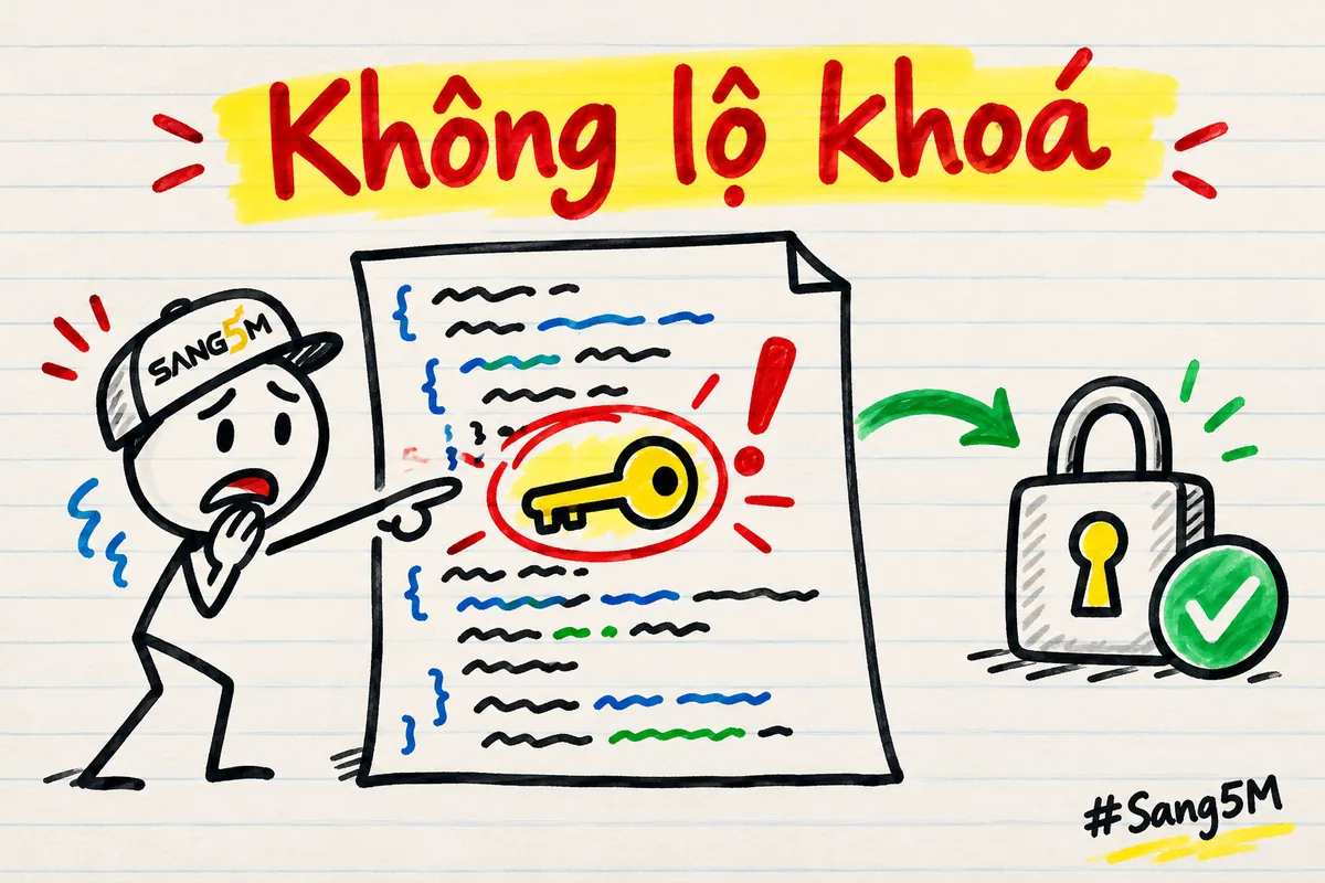 Tờ mã vẽ tay có chiếc chìa khoá lộ ra giữa các dòng, khoanh đỏ, người đội nón SANG5M chỉ vào, nhãn không lộ khoá.