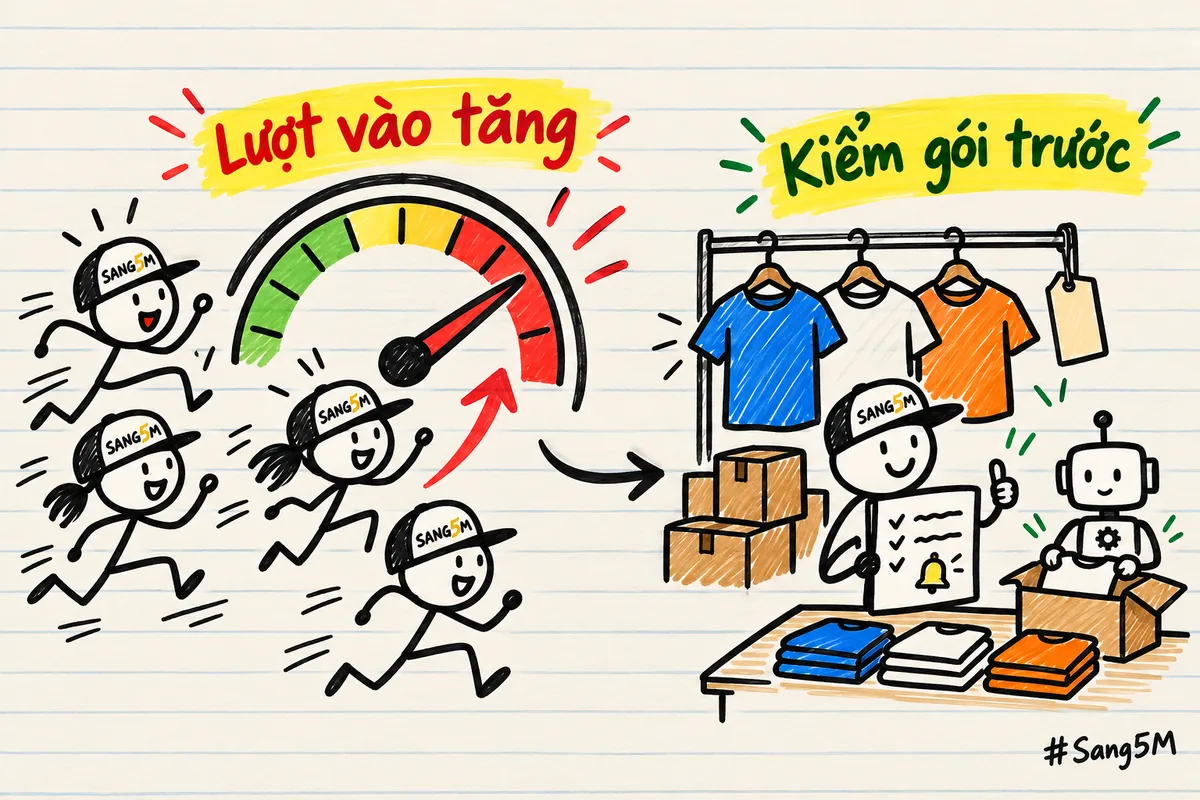 Đồng hồ đo lượt vào vọt lên cạnh kệ quần áo khuyến mãi, người đội nón SANG5M cầm tờ gói, nhãn kiểm gói trước.