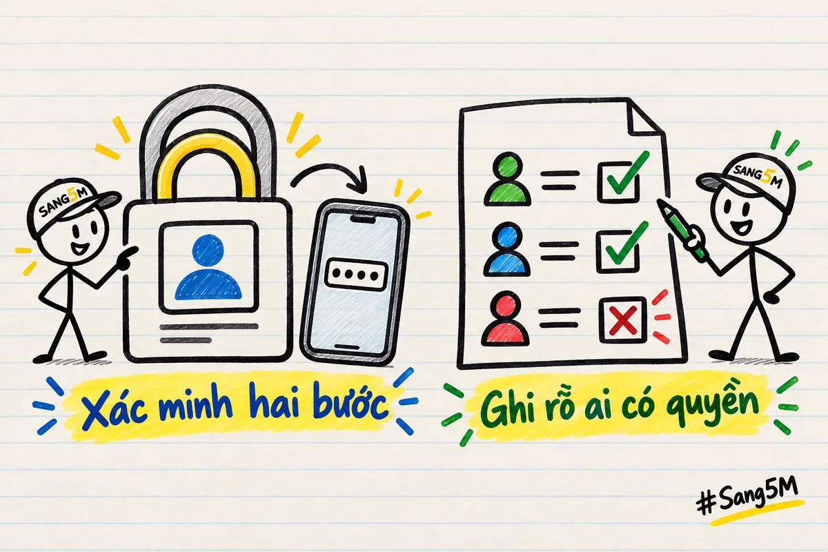 Ổ khoá hai lớp trên biểu tượng tài khoản cạnh danh sách người có quyền, nhãn xác minh hai bước, ghi rõ ai có quyền.