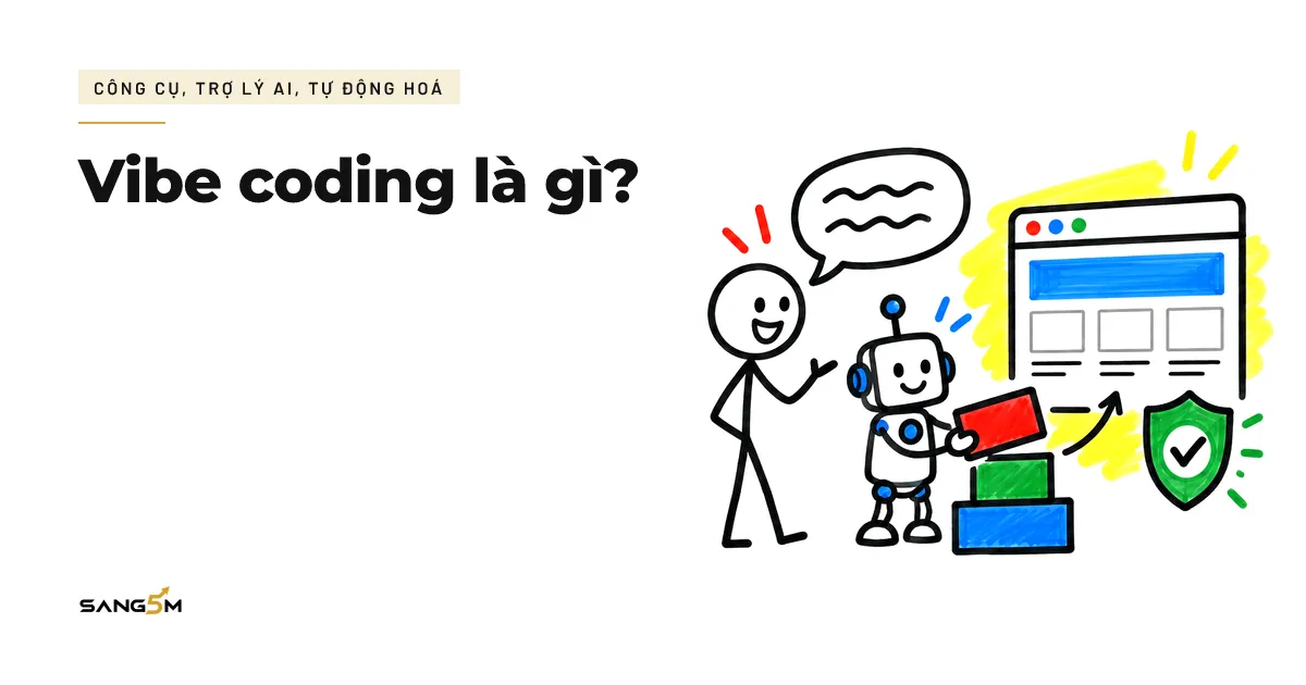 Người nói điều muốn, trợ lý AI xếp khối dựng thành trang web, bên cạnh là tấm khiên có dấu tích xanh