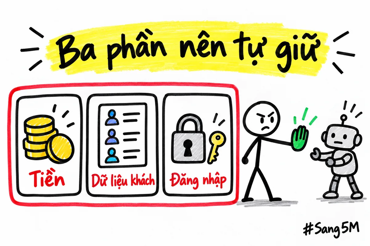 Ba biểu tượng trong khung đỏ: đồng tiền, danh sách khách và ổ khoá, là các phần không giao hết cho AI.