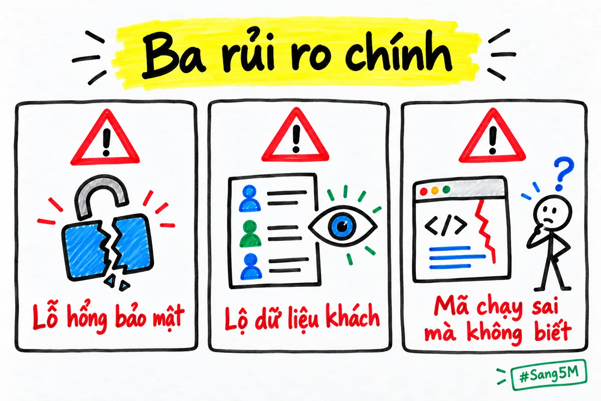 Ba thẻ cảnh báo có tam giác đỏ: lỗ hổng bảo mật, lộ dữ liệu khách và mã chạy sai mà bạn không nhận ra.