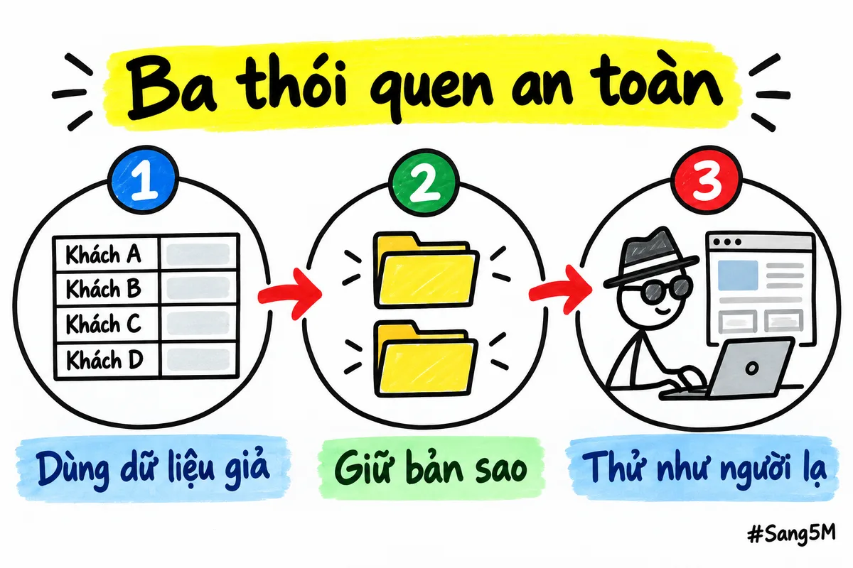 Ba thói quen an toàn xếp thành ba bước: dữ liệu giả, bản sao dự phòng và thử như một người lạ.