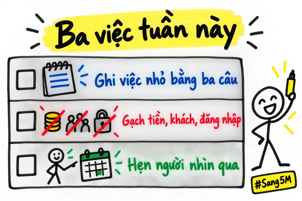 Bảng ba việc trong tuần với ô trống để đánh dấu, một người cầm bút bên cạnh.